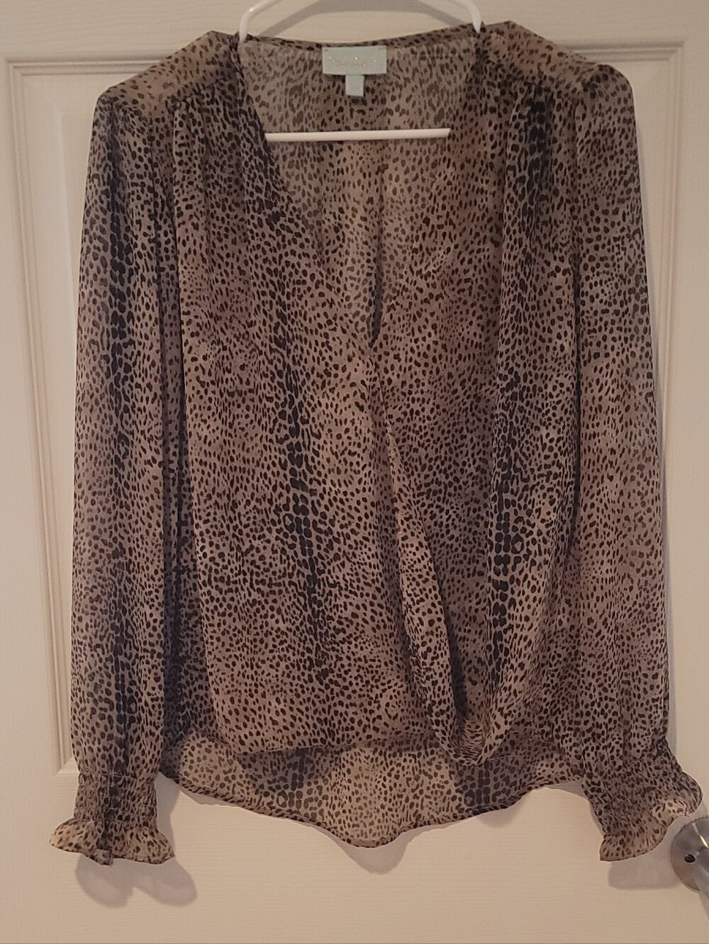 Veronica M Size XS Taupe and Black Animal Print Surplice Blouse